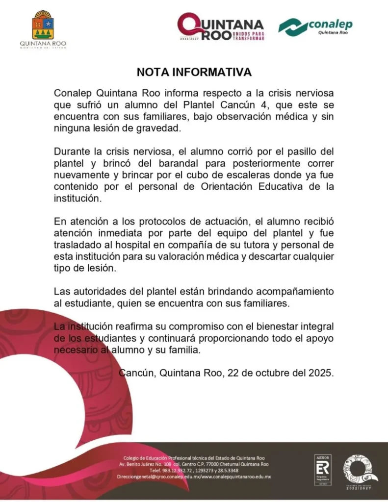 Estudiante del Conalep 4 de Cancún recibe atención médica y psicológica tras sufrir crisis nerviosa dentro del plantel (1)